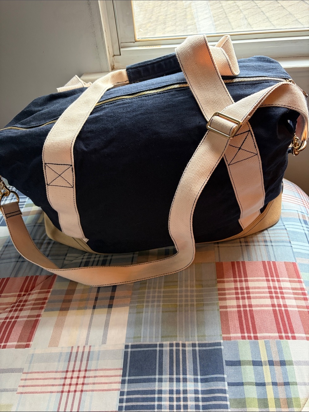 Spartina 449 Navy Canvas Duffel with Gold Anchor and Tan Straps - Picture 2 of 6